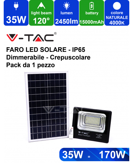 Faro Led 100W a batteria con pannello solare e telecomando V-TAC VT-100W 